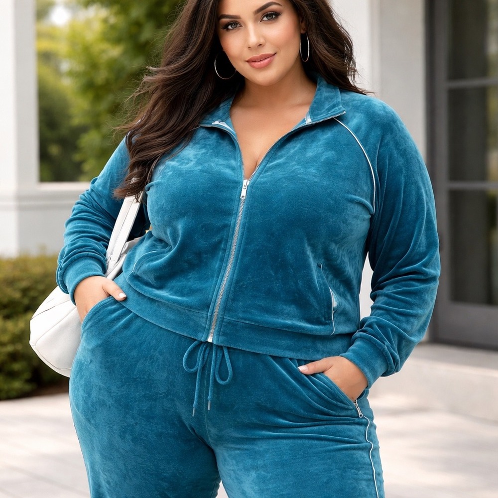 SB Active St Johns Bay Womens 2X Velour Tracksuit Set Teal Blue Zip Jacket Pants